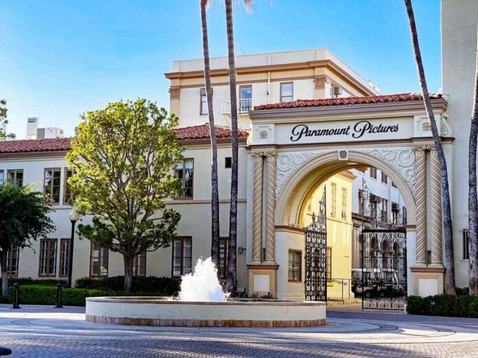 Entrance gate of Paramount Pictures studio with a fountain