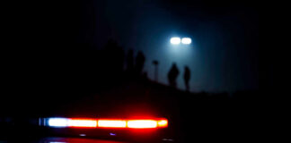 Police vehicle lights illuminating a dark scene with silhouettes in the background