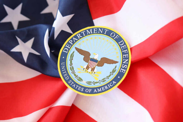 Department of Defense emblem on an American flag background