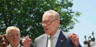 Schumer Replacement Talk Explodes After Shutdown A politician speaking passionately at a press conference with microphones in front