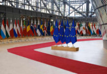 Flags of European countries displayed in a modern hall with a red carpet