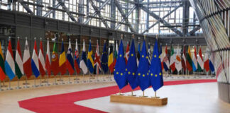 Flags of European countries displayed in a modern hall with a red carpet