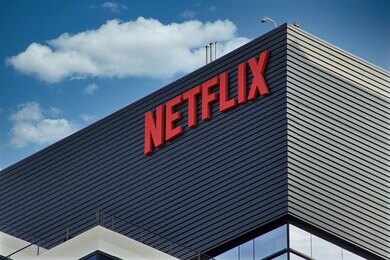 Close-up of the Netflix logo on a modern building