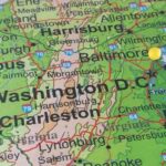 A map showing Washington D.C. and Baltimore with a yellow pin marking a location