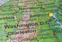 A map showing Washington D.C. and Baltimore with a yellow pin marking a location