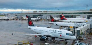 Air Canada planes parked at an airport terminal with ground crew working