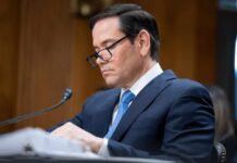 Individual in a suit reviewing documents during a senate hearing