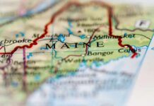 Close-up view of a map highlighting the state of Maine
