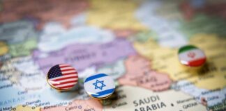 Map of the Middle East with pins representing the USA, Israel, and Iran