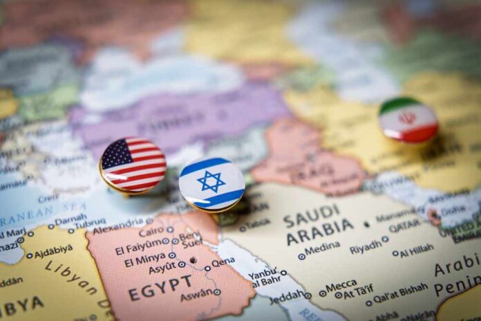 Map of the Middle East with pins representing the USA, Israel, and Iran