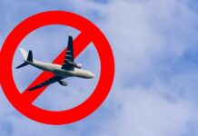 An airplane flying through a cloudy sky with a red prohibition symbol overlay