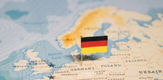 Map of Europe with a small German flag pin marking Germany