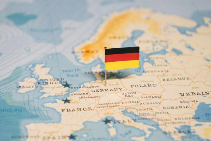 Map of Europe with a small German flag pin marking Germany