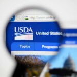 Close-up view of the USDA website homepage through a magnifying glass