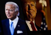 Trump SLAMS Biden: Immigration Failure Costs Lives Images of two U.S. presidents, one in a blue suit and the other in a red tie, both looking serious
