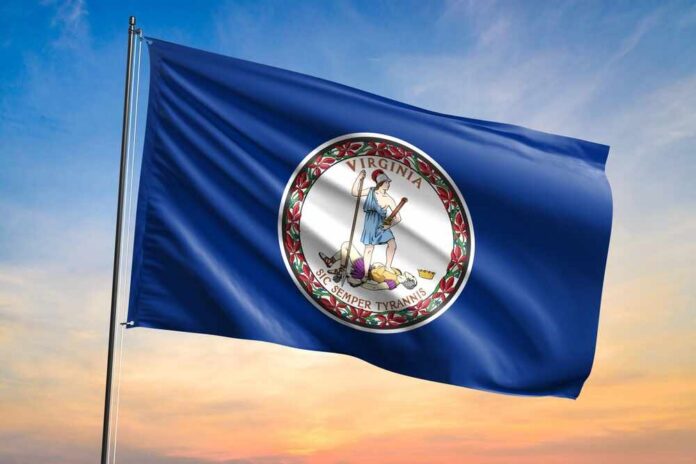 Virginia state flag waving against a sunset sky