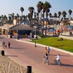 People walking and biking along a beach promenade with palm trees