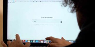 Person interacting with a computer screen displaying a chatbot interface