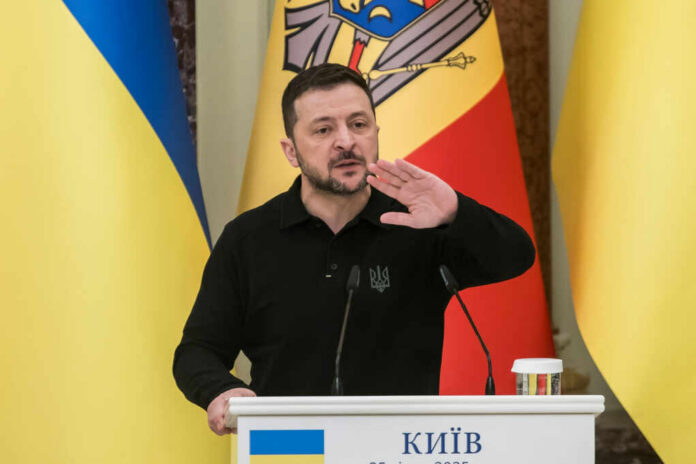 Ukrainian leader speaking at a podium with national flags in the background