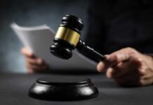 Trump Immigration Gambit Wins Key Court A gavel held above a sounding block with a person reading documents in the background