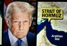Trump’s Ceasefire Fails — Hormuz Still Blocked A political figure next to a map highlighting the Strait of Hormuz