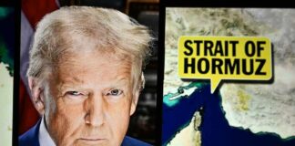 Trump’s Ceasefire Fails — Hormuz Still Blocked A political figure next to a map highlighting the Strait of Hormuz