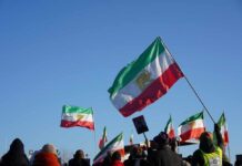 Crowd holding Iranian flags during a protest against the government