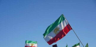 Crowd holding Iranian flags during a protest against the government