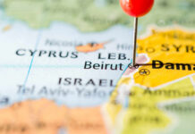 Close-up of a map showing Beirut with a red location pin