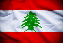 Flag of Lebanon featuring a green cedar tree on a white stripe between red stripes