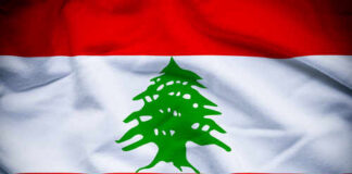 Flag of Lebanon featuring a green cedar tree on a white stripe between red stripes
