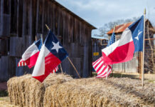 Illegal Birth Tourism Racket Revealed in Texas Texas and American flags displayed on hay bales in a rural setting
