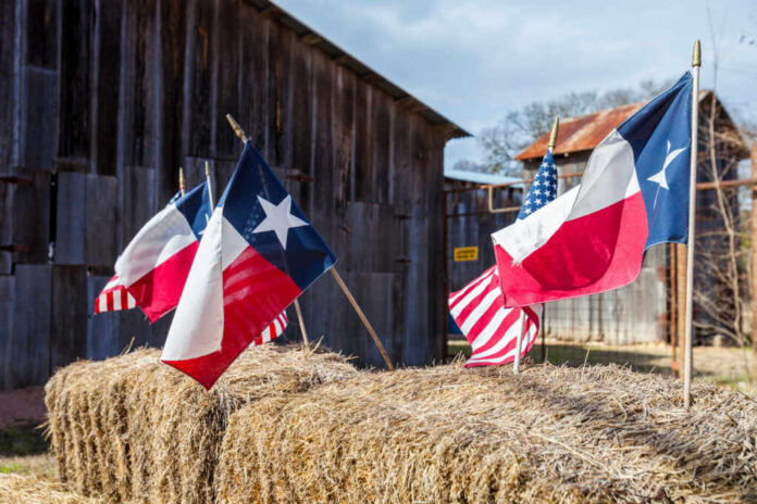 shutterstock1029514627jpg Texas and American flags displayed on hay bales in a rural setting