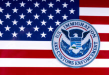 Murder Exposes Alarming U.S. Border Failures U.S. flag with the Immigration and Customs Enforcement emblem