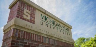 Sign for Michigan State University with a blue sky in the background