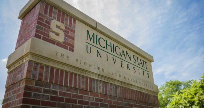 Sign for Michigan State University with a blue sky in the background