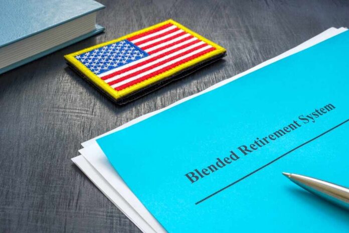 Blended Retirement System document with an American flag patch and a pen