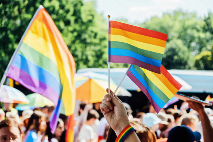 shutterstock_2299168857 A hand holding rainbow flags at a pride event with a crowd in the background