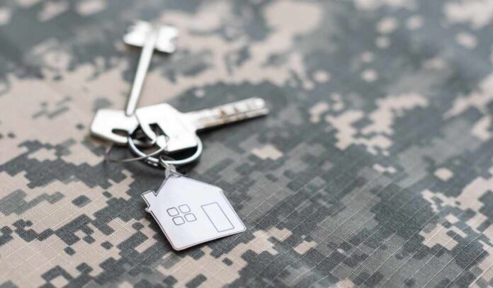 A set of keys with a house-shaped keychain on a military camouflage background