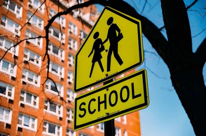 School zone sign indicating pedestrian safety for children