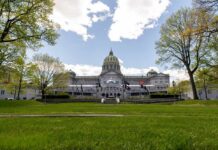 Capitol building with green dome behind a lawn and trees