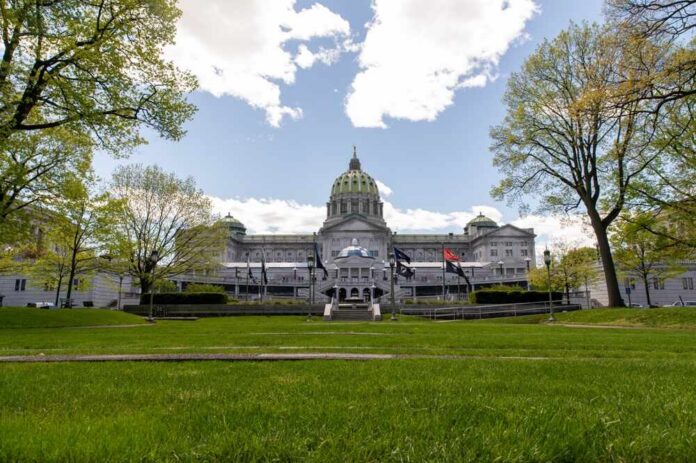 Capitol building with green dome behind a lawn and trees