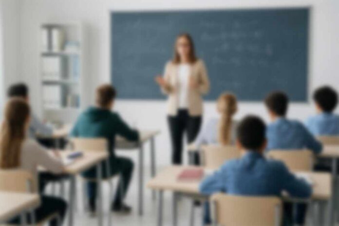 Teacher addressing students in a classroom