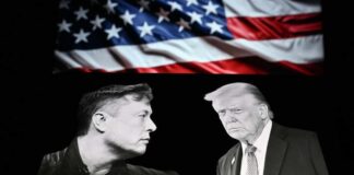 Top CEOs Flock to China—What’s Really at Stake? Elon Musk and Donald Trump depicted in black and white against an American flag background