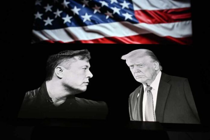 Elon Musk and Donald Trump depicted in black and white against an American flag background