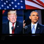Split image of two political figures speaking against an American flag background