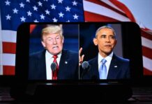 Split image of two political figures speaking against an American flag background
