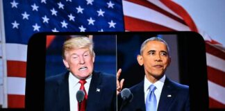 Split image of two political figures speaking against an American flag background