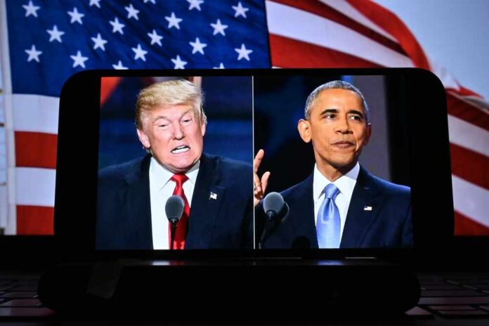 Split image of two political figures speaking against an American flag background
