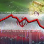 Graph depicting a downward trend in the Iranian economy with currency notes in the background